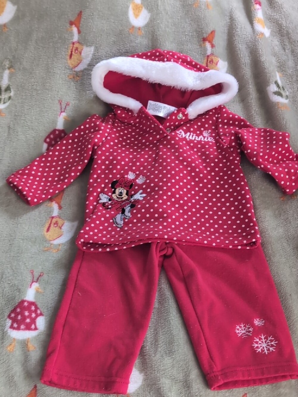 Disney Minnie Mouse Pink Polka Dot Hooded Sweatsuit with White Faux Fur Trim 12m